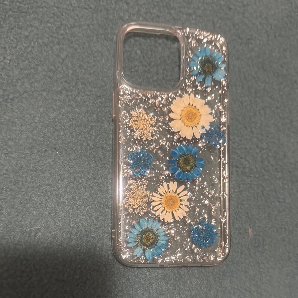 Blue and White Floral iPhone 15 ProMax  Case with Glittery Design
